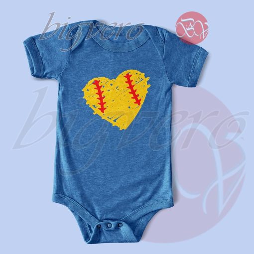 Softball Heart Baby Bodysuits Color Blue